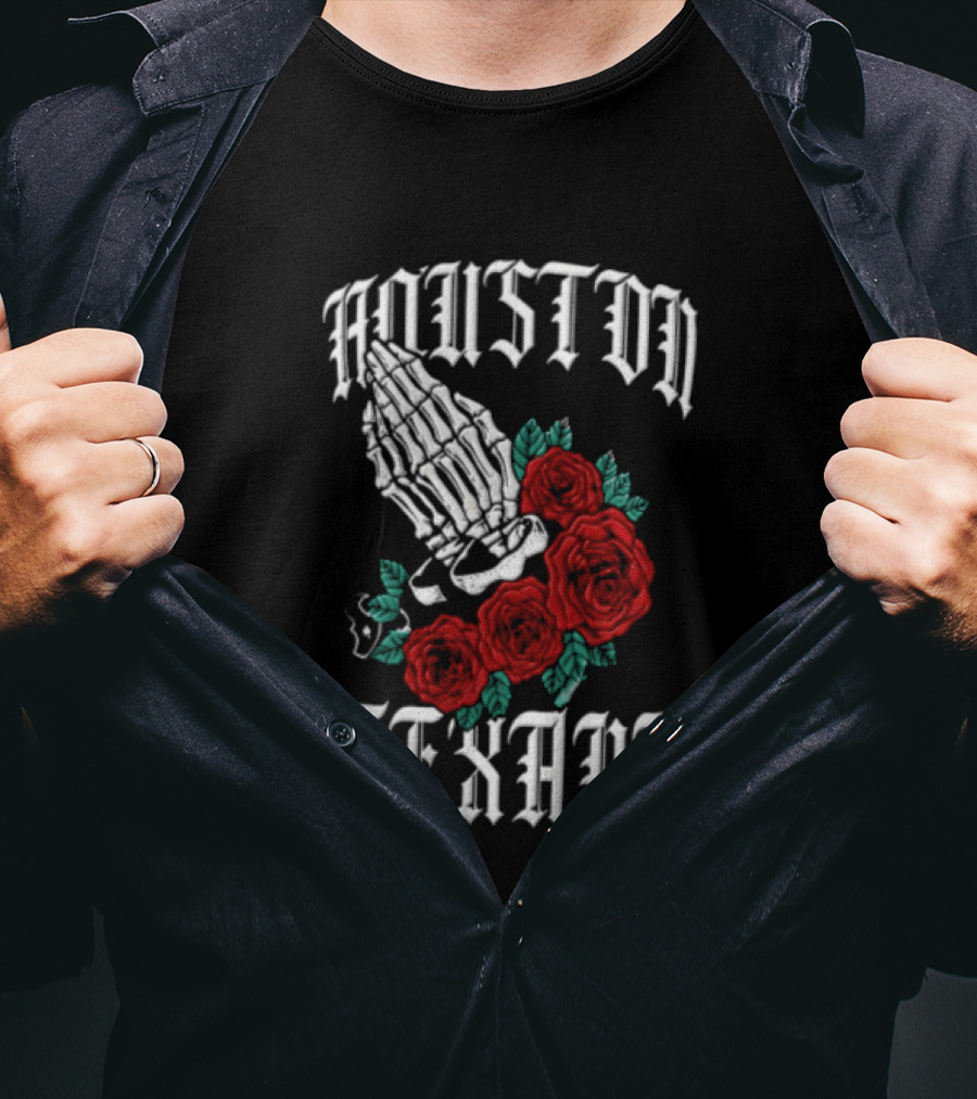 Houston Texans Praying Hands Red Roses Dia De Los Muertos T-Shirt