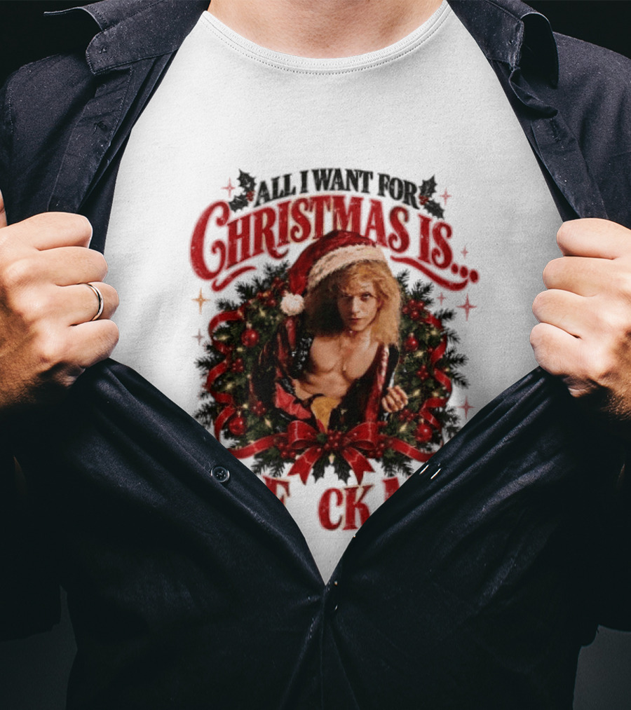 All I Want For Christmas Is I'd Fck Me Santa Hat Wreath Bow T-Shirt