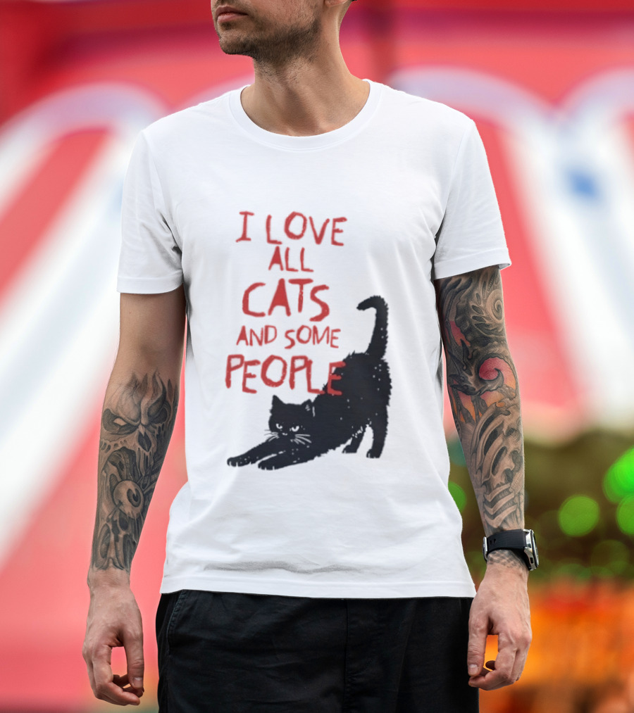 I Love All Cats And Some People Funny Cat Lovers Stretching Black Cat T-Shirt