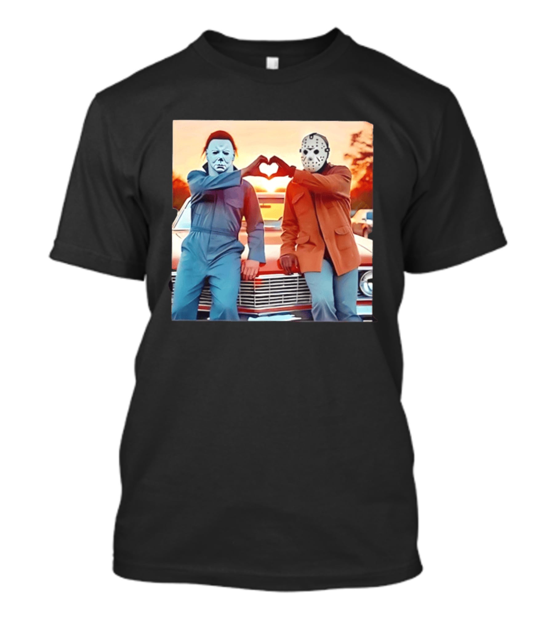Jason Voorhees Michael Myers Heart Sign Halloween Retro Car Sunset T-Shirt