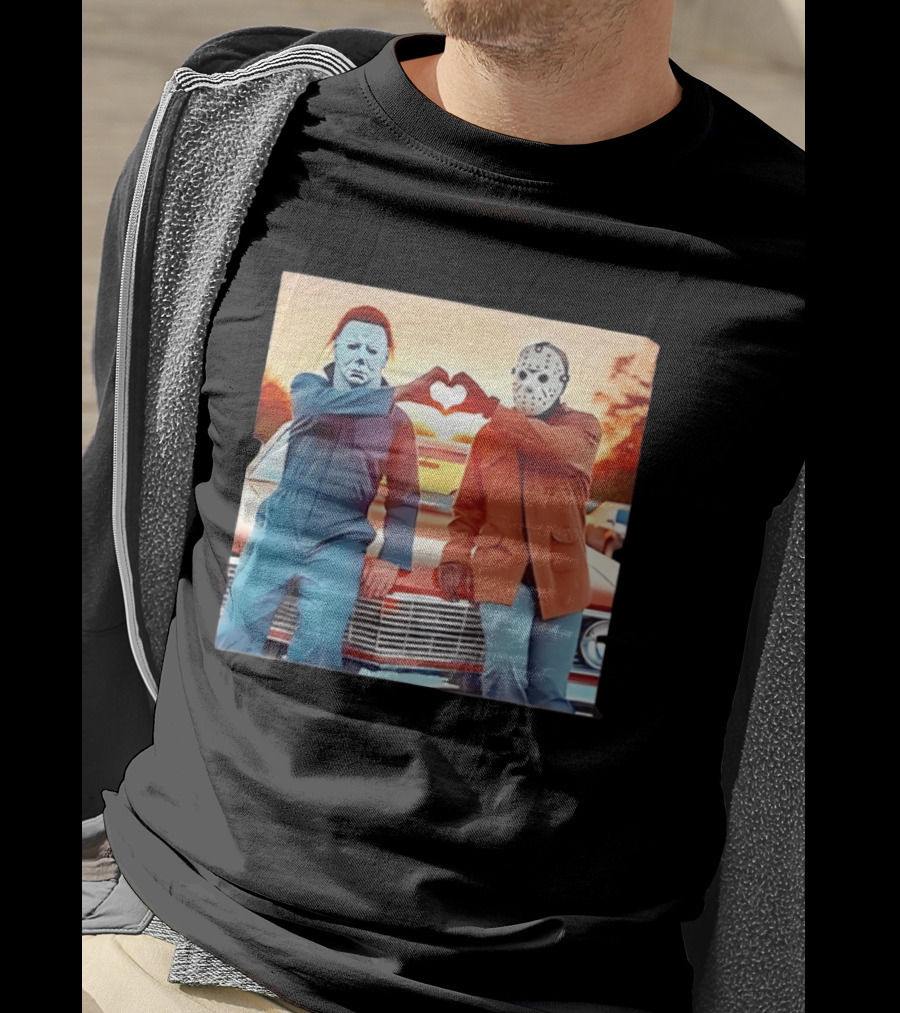 Jason Voorhees Michael Myers Heart Sign Halloween Retro Car Sunset T-Shirt