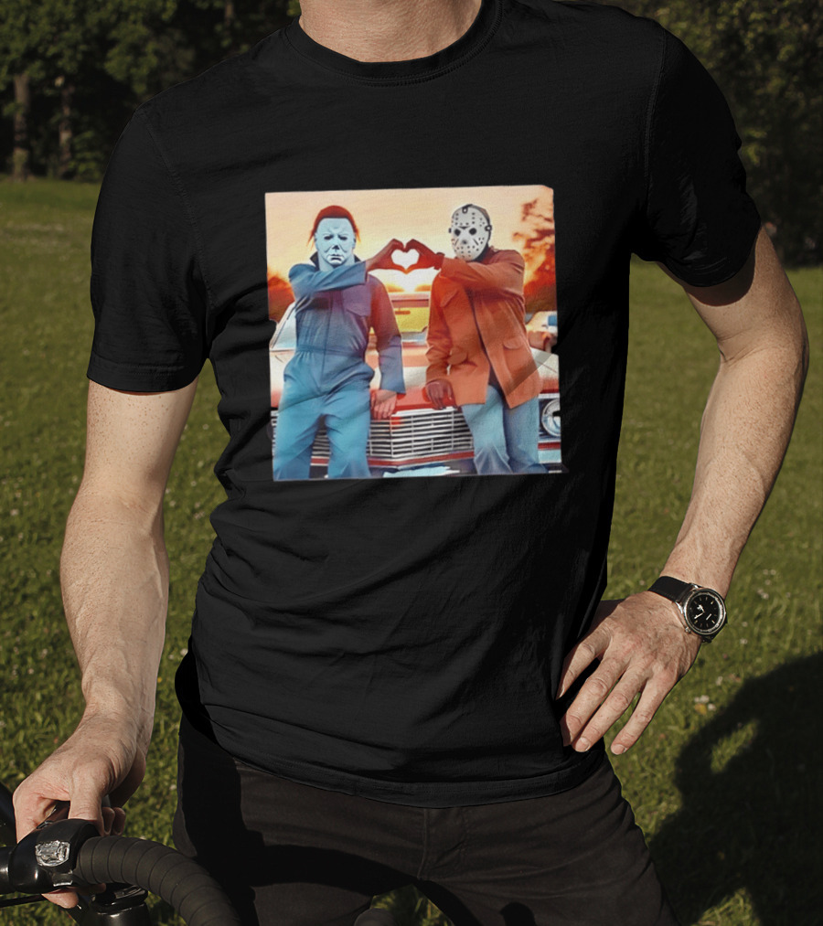 Jason Voorhees Michael Myers Heart Sign Halloween Retro Car Sunset T-Shirt