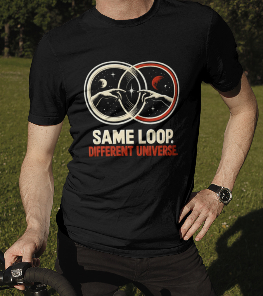 Same Loop Different Universe Intersecting Circles Two Hands Touching Lunar And Starry Night T-Shirt