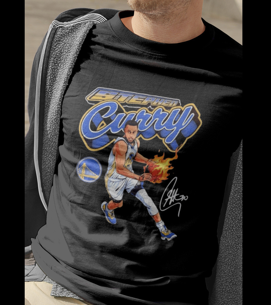 Stephen Curry Golden State Warriors Basketball Player With Flame Ball And Signature T-Shirt