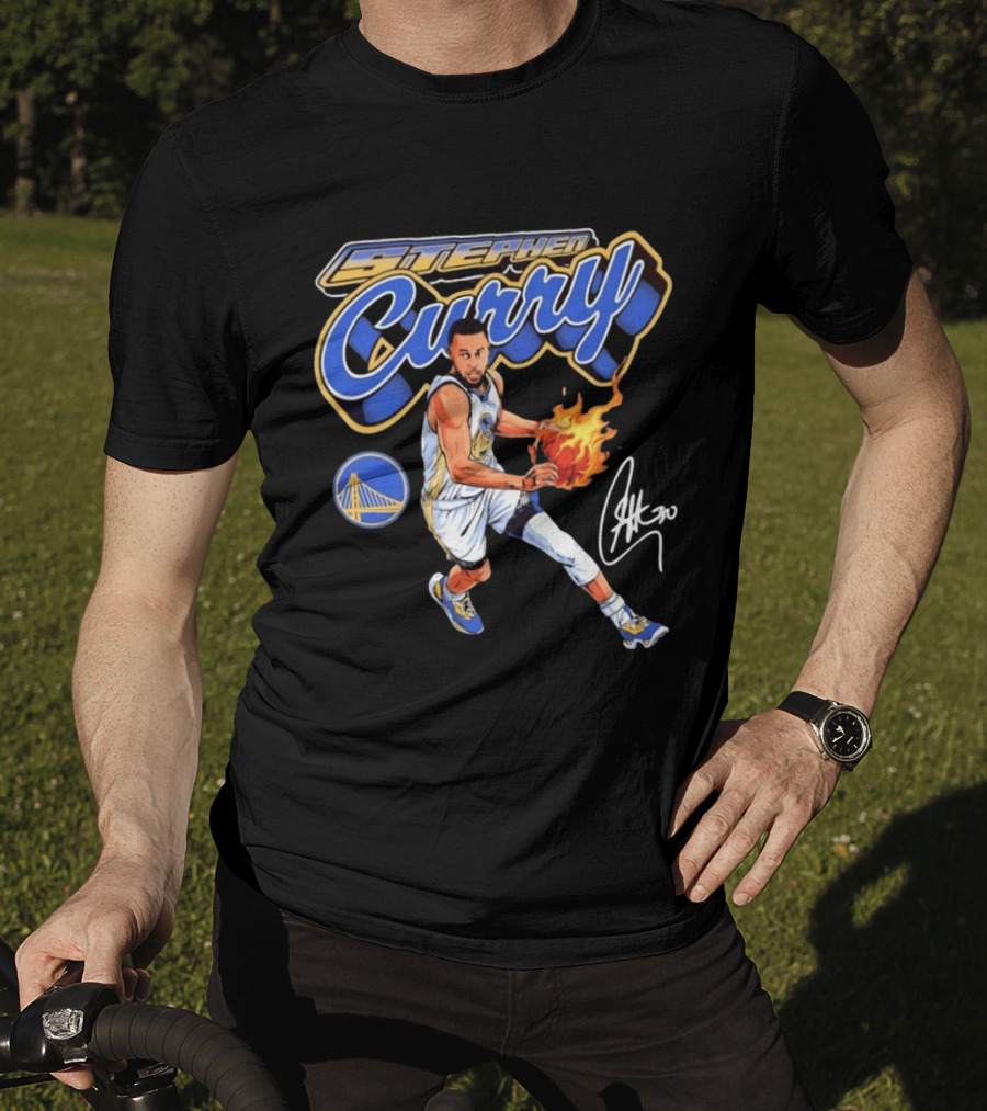 Stephen Curry Golden State Warriors Basketball Player With Flame Ball And Signature T-Shirt