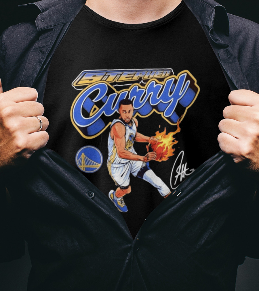 Stephen Curry Golden State Warriors Basketball Player With Flame Ball And Signature T-Shirt