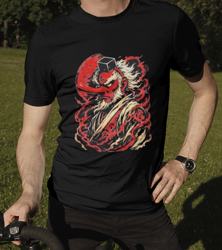 Tengu Japanese Warrior Spirit Mask Mythical Yokai Flame Aura T-Shirt