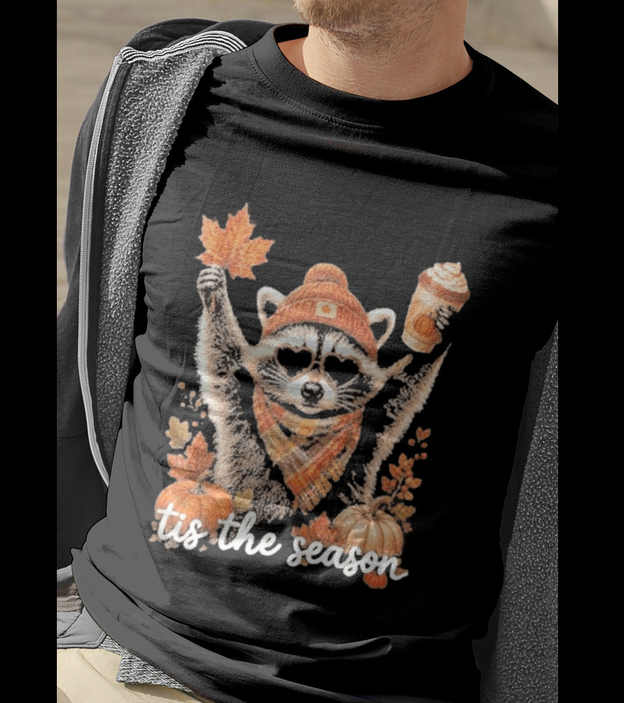 Tis The Season Raccoon With Fall Pumpkin Coffee And Autumn Leaves T-Shirt