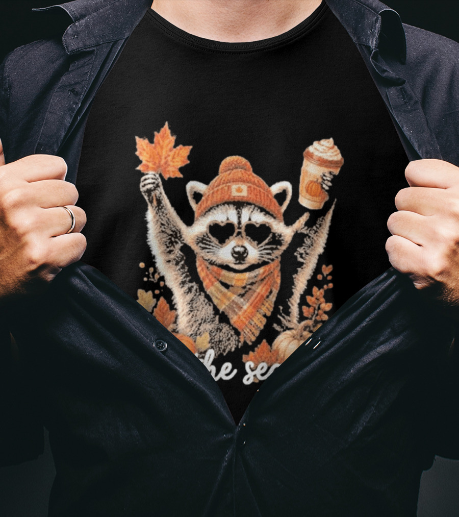 Tis The Season Raccoon With Fall Pumpkin Coffee And Autumn Leaves T-Shirt
