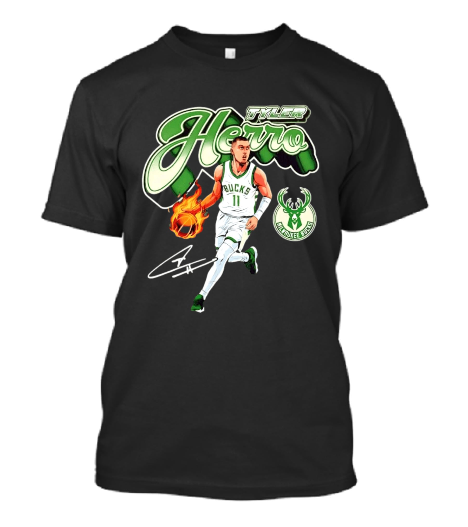 Tyler Herro Milwaukee Bucks Basketball Fireball Cursive Script T-Shirt