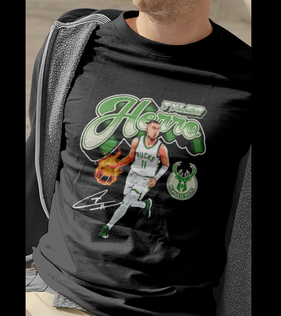Tyler Herro Milwaukee Bucks Basketball Fireball Cursive Script T-Shirt