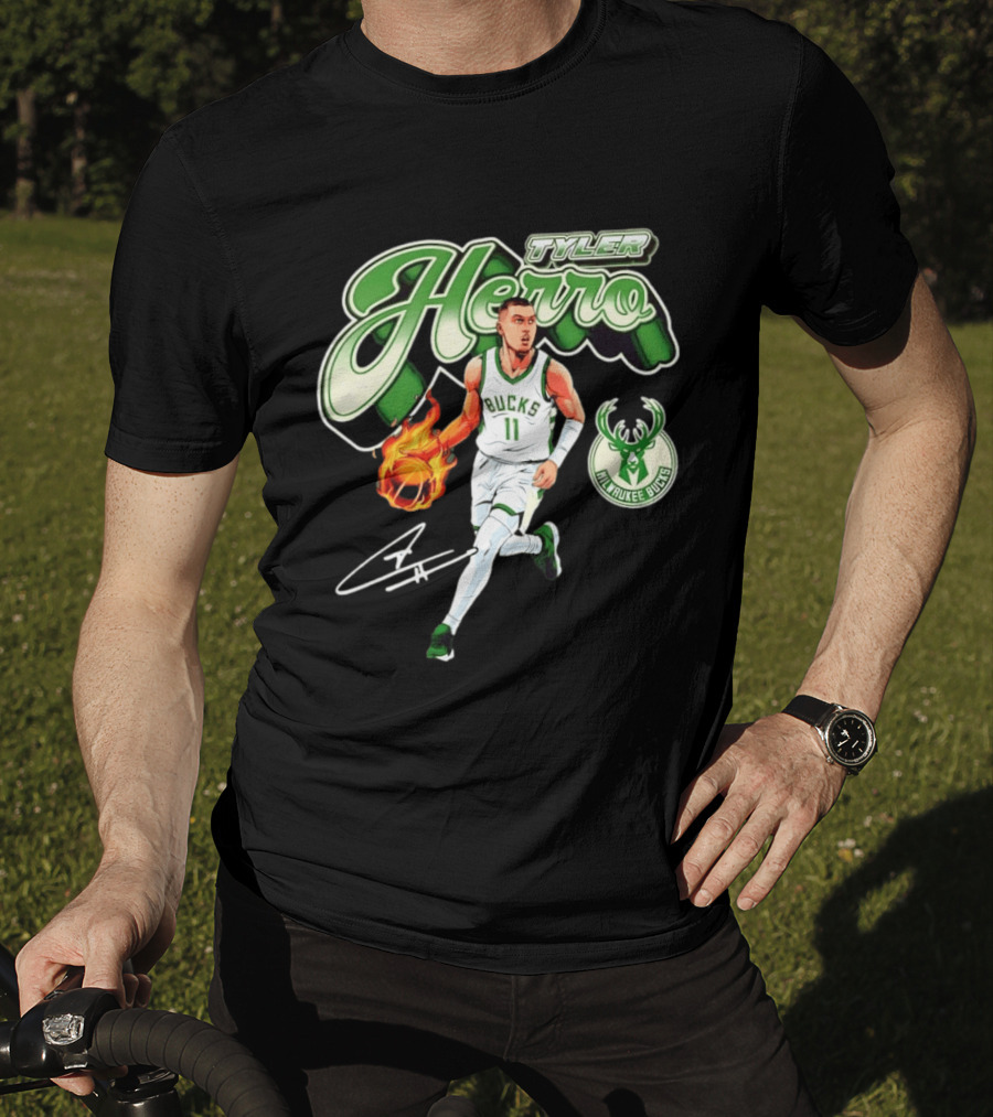 Tyler Herro Milwaukee Bucks Basketball Fireball Cursive Script T-Shirt
