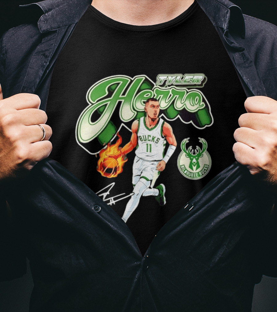 Tyler Herro Milwaukee Bucks Basketball Fireball Cursive Script T-Shirt
