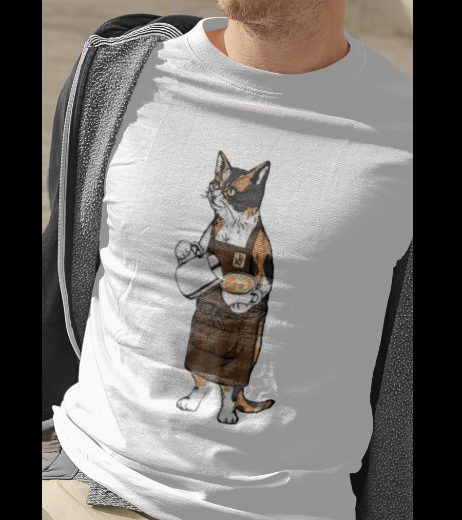 Cat Wearing Glasses And Apron Pouring Latte Art Coffee T-Shirt