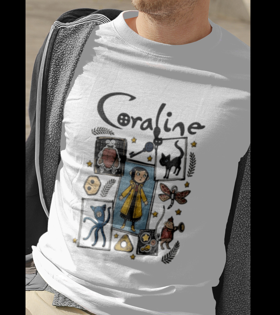 Coraline In Yellow Raincoat With Black Cat And Stars With Button Eyes T-Shirt