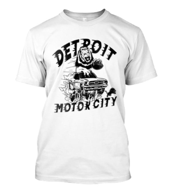 Detroit Lions Motor City Lion Holding Football Driving Car T-Shirt