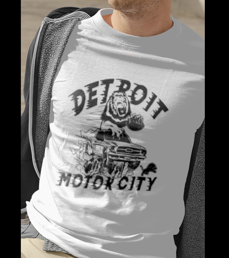 Detroit Lions Motor City Lion Holding Football Driving Car T-Shirt