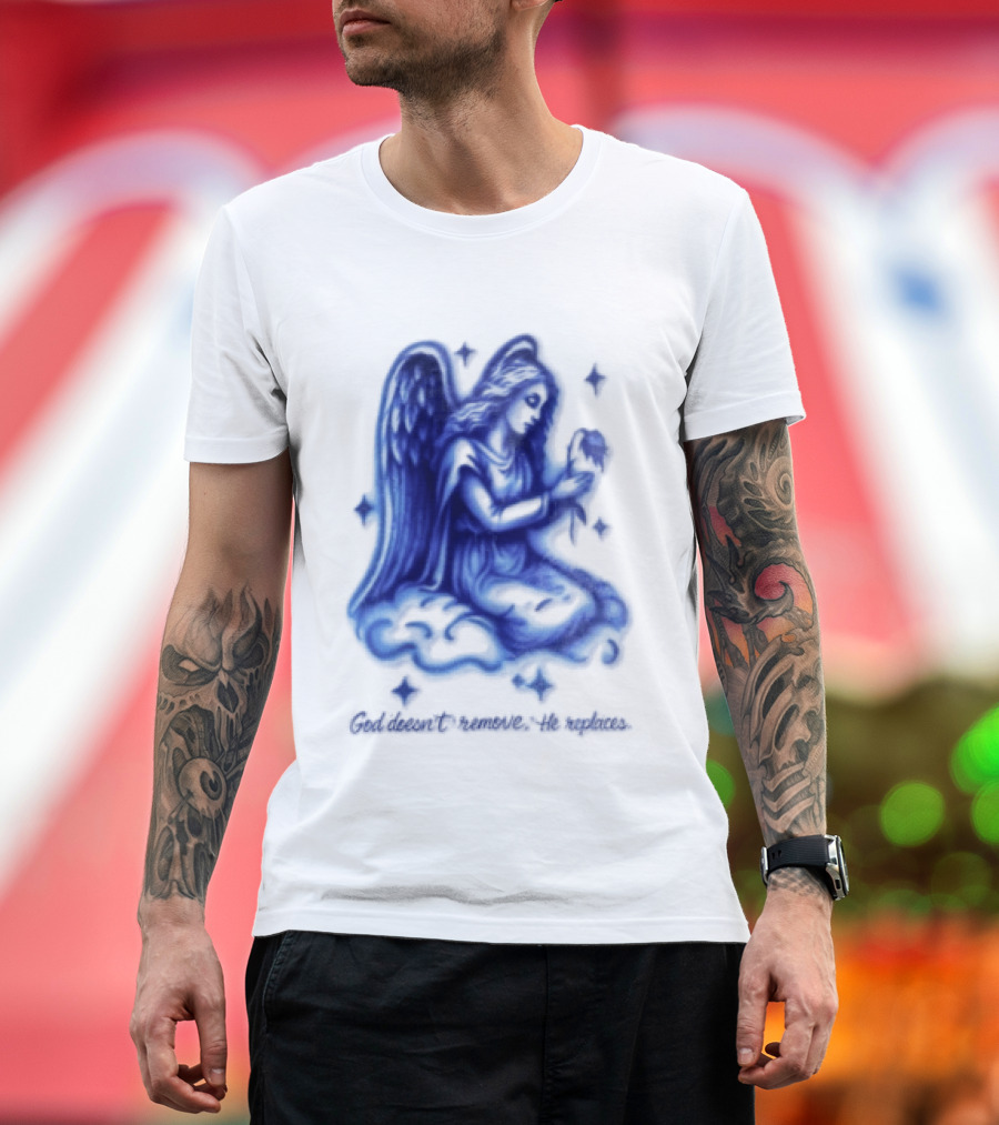 Angel Kneeling On Cloud Holding Flower God Does Not Remove He Replaces T-Shirt