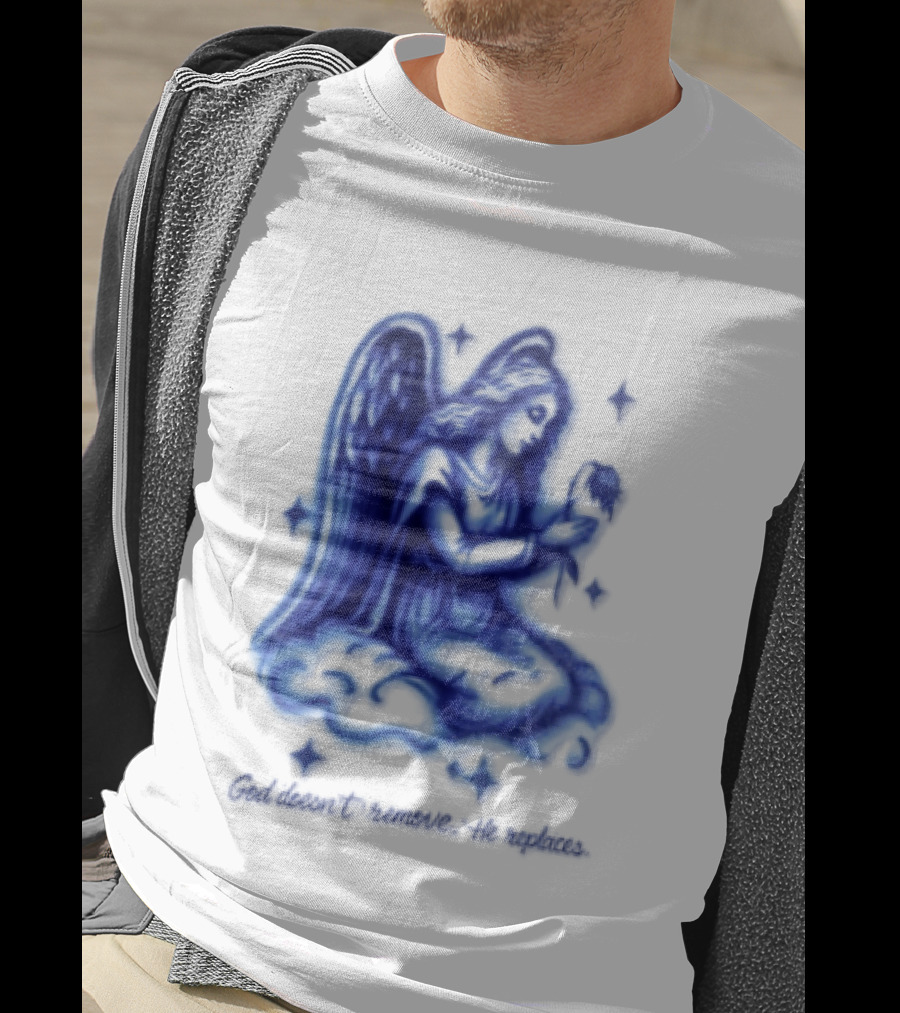 Angel Kneeling On Cloud Holding Flower God Does Not Remove He Replaces T-Shirt
