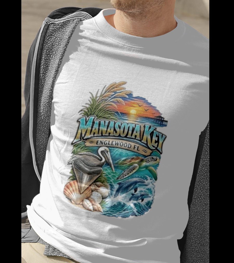 Manasota Key Englewood FL Beach Scene With Pelican Dolphins Shells And Sunset T-Shirt