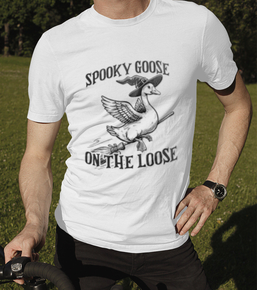 Spooky Goose On The Loose Halloween Witch Hat Broomstick T-Shirt