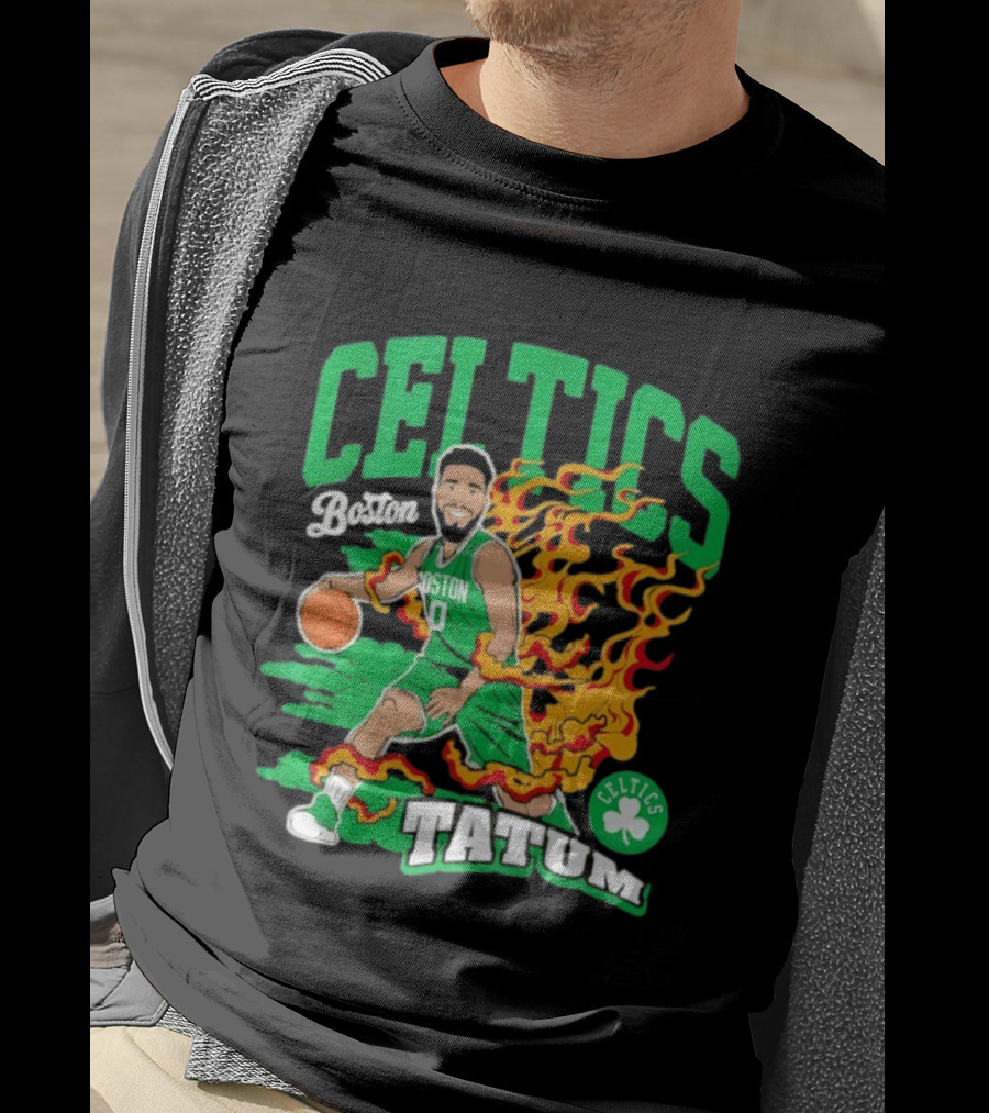 Boston Celtics Jayson Tatum Fired Up Basketball Flames T-Shirt