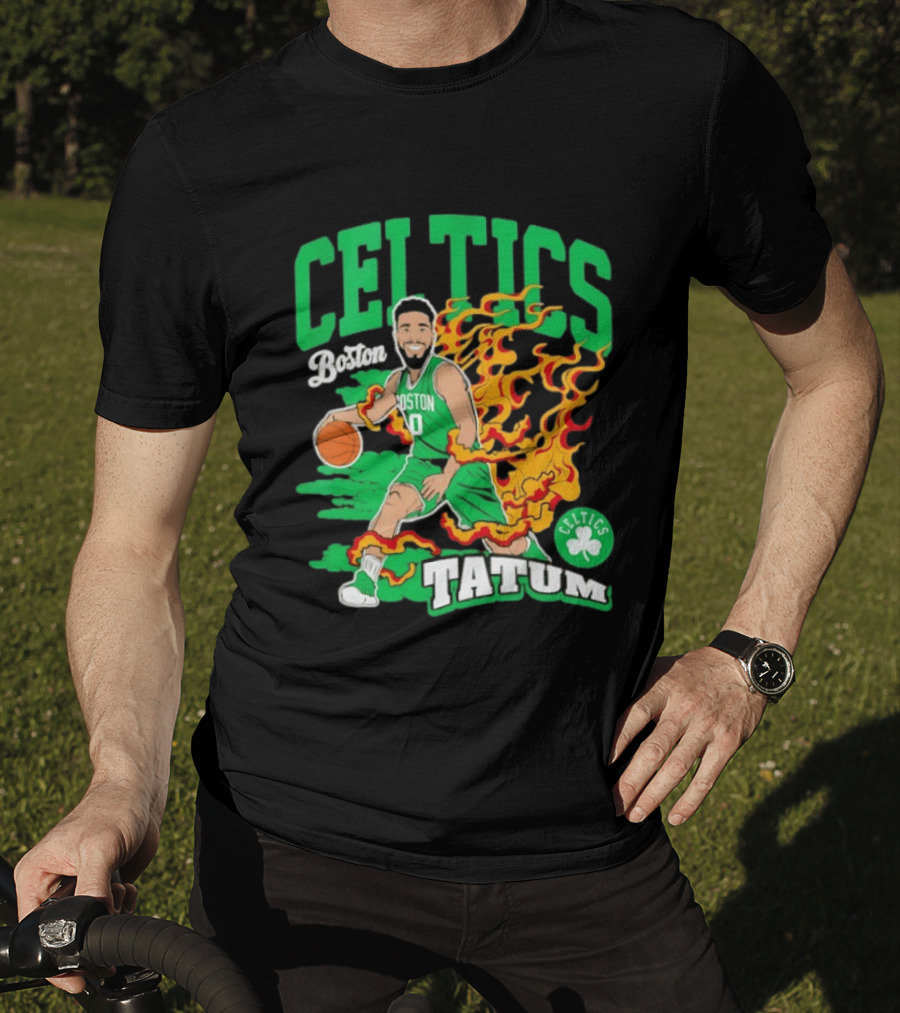 Boston Celtics Jayson Tatum Fired Up Basketball Flames T-Shirt