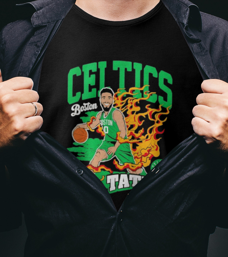 Boston Celtics Jayson Tatum Fired Up Basketball Flames T-Shirt