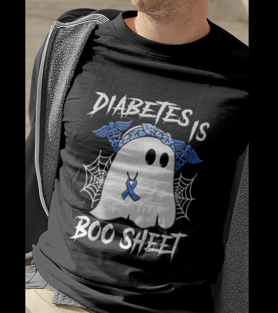 Diabetes IS BOO Sheet Ghost With Blue Ribbon Headband Halloween T-Shirt