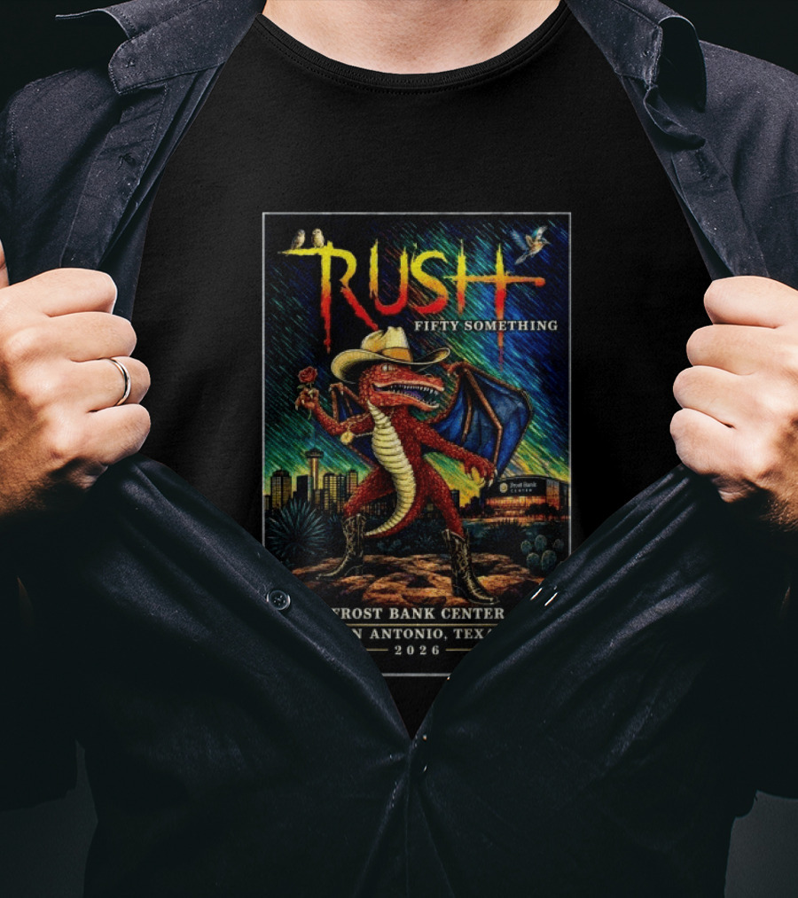 Rush Fifty Something Tour 2026 San Antonio Frost Bank Center Dragon T-Shirt
