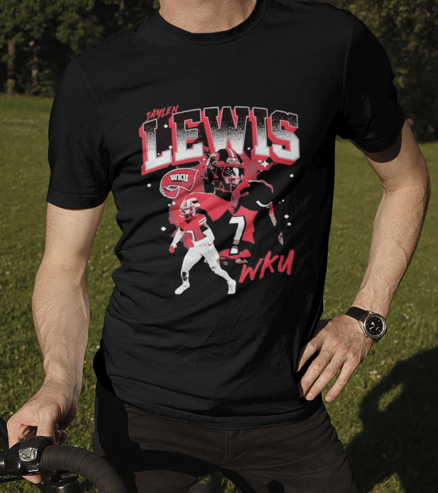 Jaylen Lewis No 7 WKU Football Helmet And Player Action T-Shirt