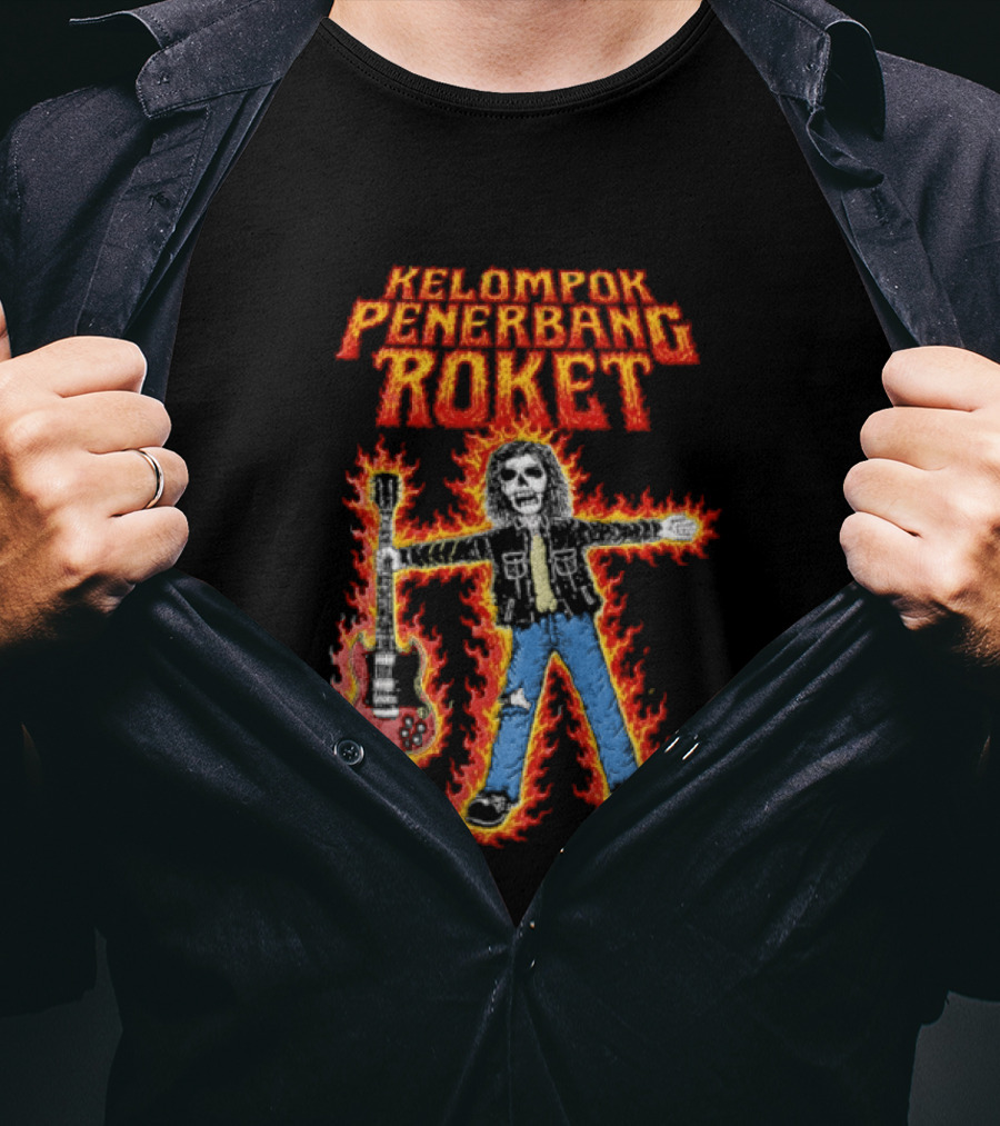 Kelompok Penerbang Roket Skeleton Guitarist In Flames Keegan Records T-Shirt