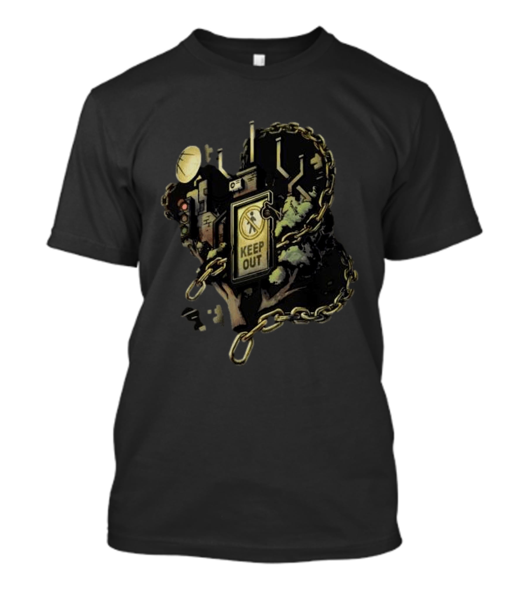 Mindcap Store Heliopolis Keep Out Sign With Chains And Urban Landscape T-Shirt