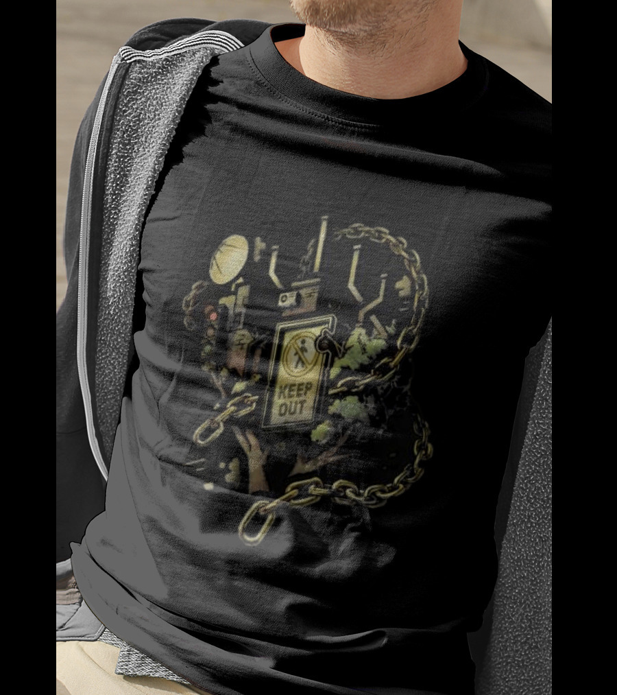 Mindcap Store Heliopolis Keep Out Sign With Chains And Urban Landscape T-Shirt