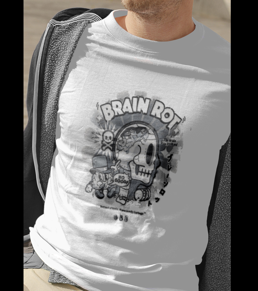 BRAIN ROT Skull Top Hat No Good Text Vintage Cartoon T-Shirt