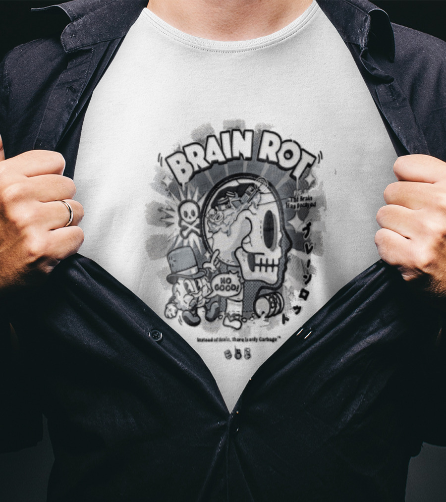 BRAIN ROT Skull Top Hat No Good Text Vintage Cartoon T-Shirt
