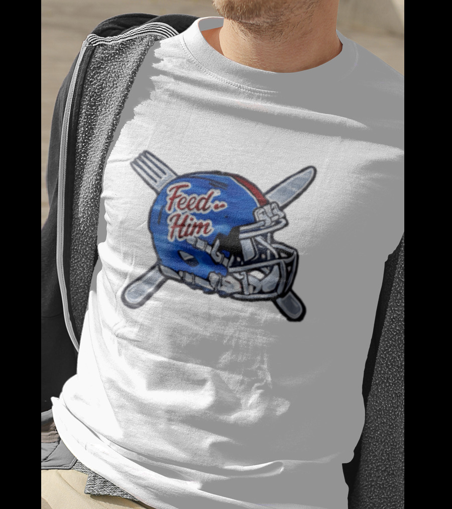 Feed Him Blue Football Helmet Crossed Utensils Fork Knife T-Shirt