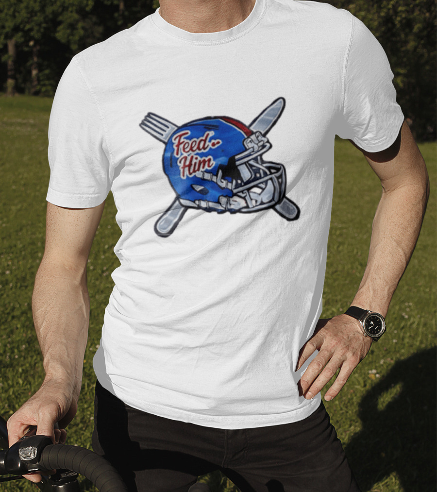Feed Him Blue Football Helmet Crossed Utensils Fork Knife T-Shirt