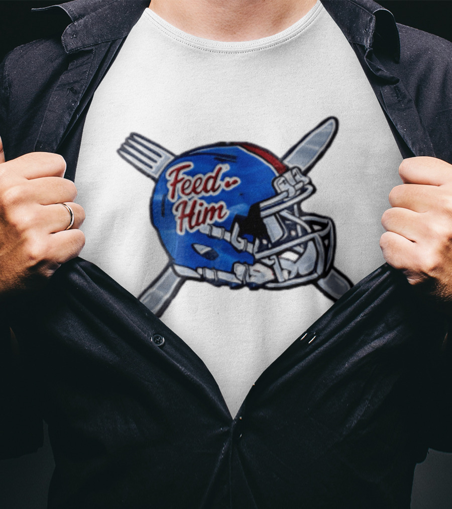 Feed Him Blue Football Helmet Crossed Utensils Fork Knife T-Shirt