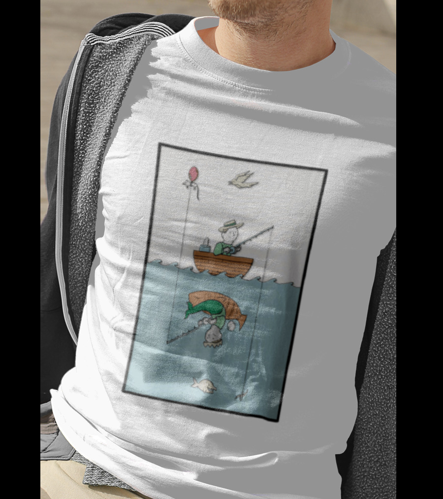 Fisherman In Boat Catching Hidden Mermaid With Fishing Line T-Shirt