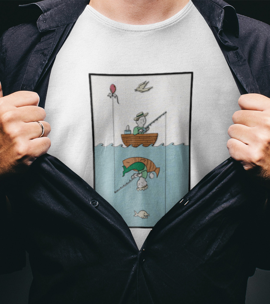Fisherman In Boat Catching Hidden Mermaid With Fishing Line T-Shirt
