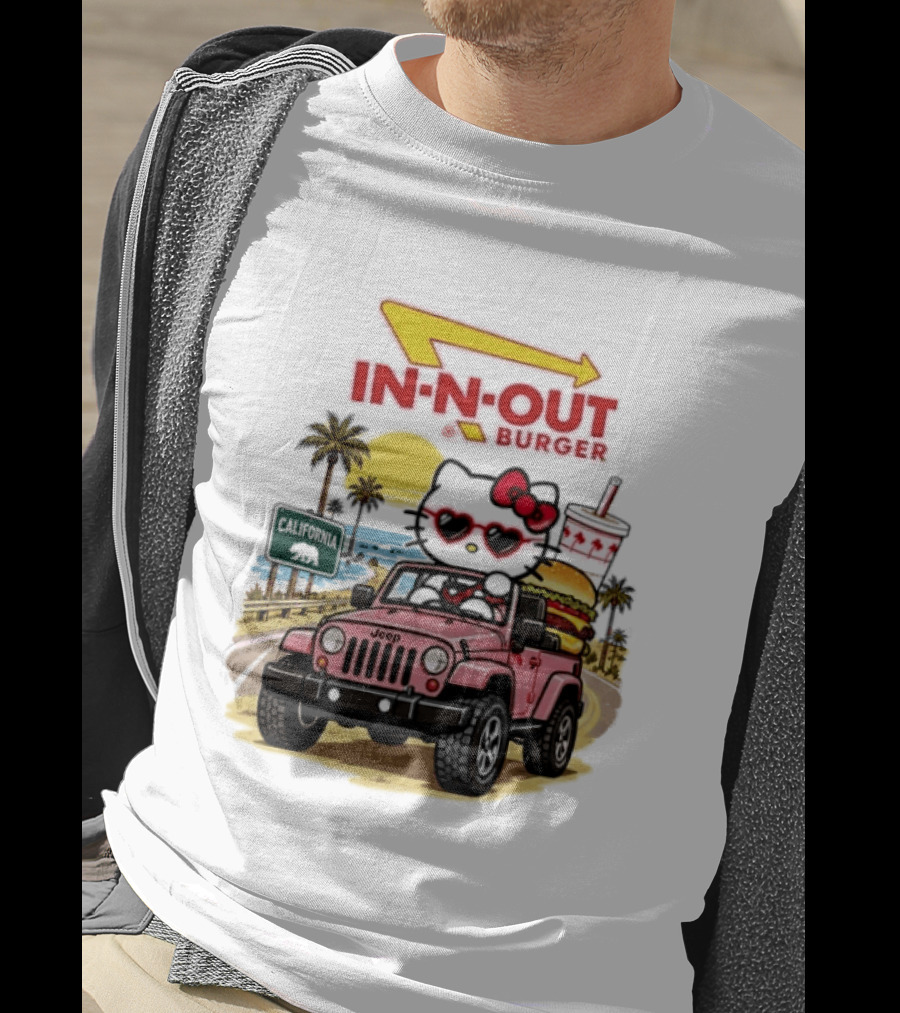 Hello Kitty In Pink Jeep With In N Out Burger California Adventure T-Shirt