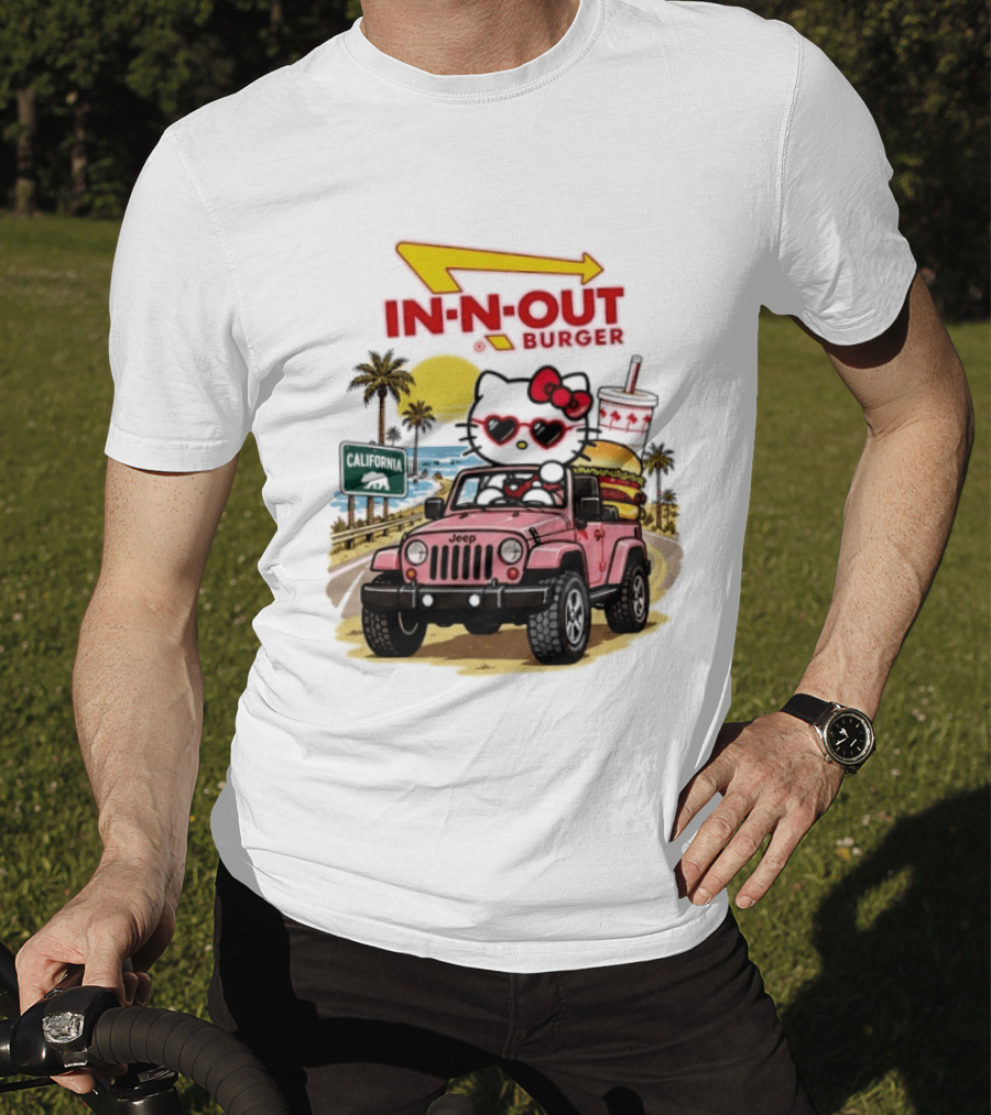 Hello Kitty In Pink Jeep With In N Out Burger California Adventure T-Shirt