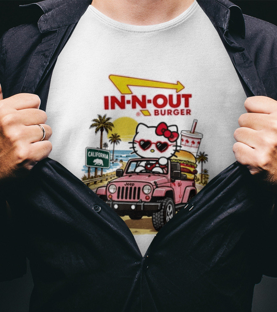 Hello Kitty In Pink Jeep With In N Out Burger California Adventure T-Shirt
