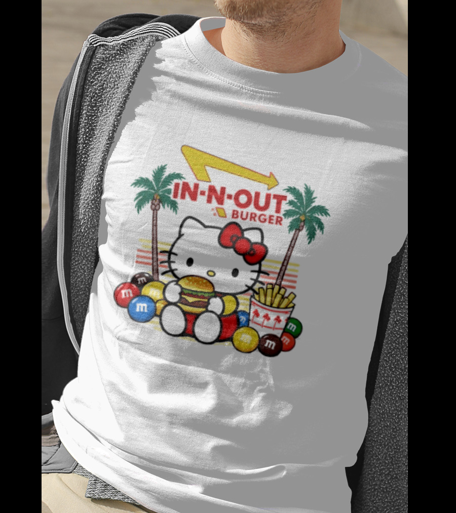 Hello Kitty Enjoying In N Out Burger Surrounded By M&Ms And Fries T-Shirt