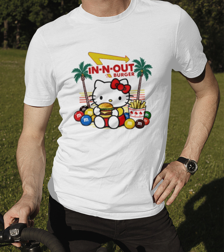 Hello Kitty Enjoying In N Out Burger Surrounded By M&Ms And Fries T-Shirt