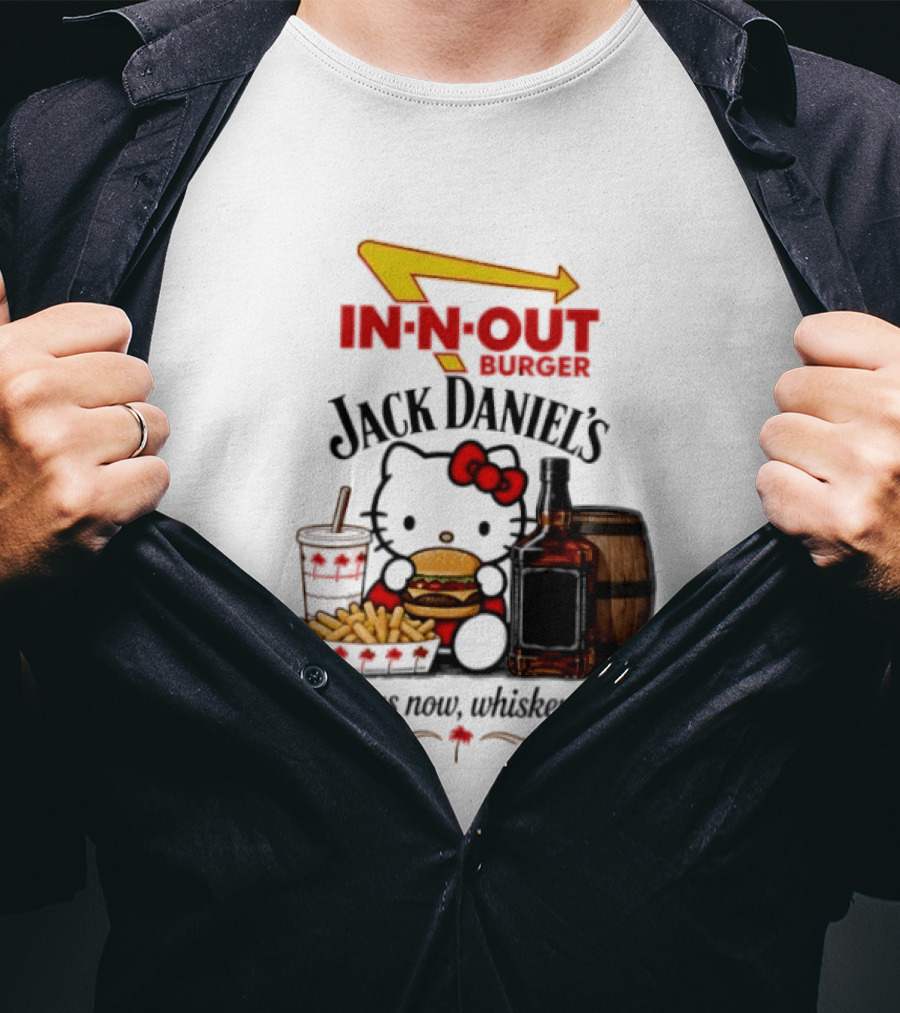In N Out Hello Kitty Jack Daniel's Burgers Now Whiskey Later T-Shirt