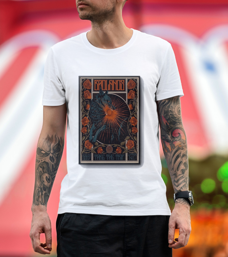 BADLANDS Festival Aug 20 22 2027 Take The Trip Stokterweg 14 Lottum Netherlands Retro Wolf And Roses T-Shirt