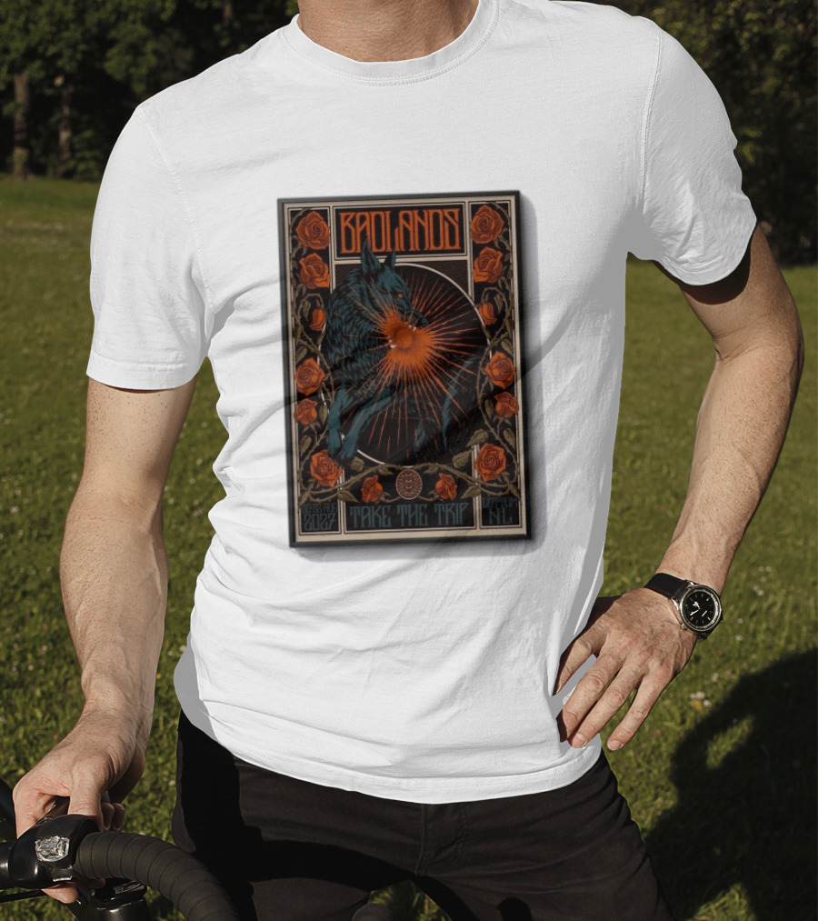 BADLANDS Festival Aug 20 22 2027 Take The Trip Stokterweg 14 Lottum Netherlands Retro Wolf And Roses T-Shirt