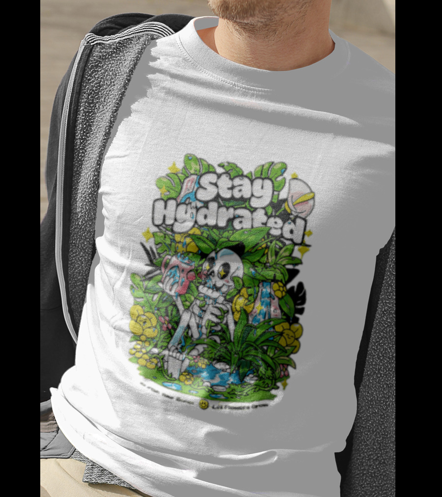 Stay Hydrated Quirky Skeleton Watering Lush Greenery And Flowers T-Shirt